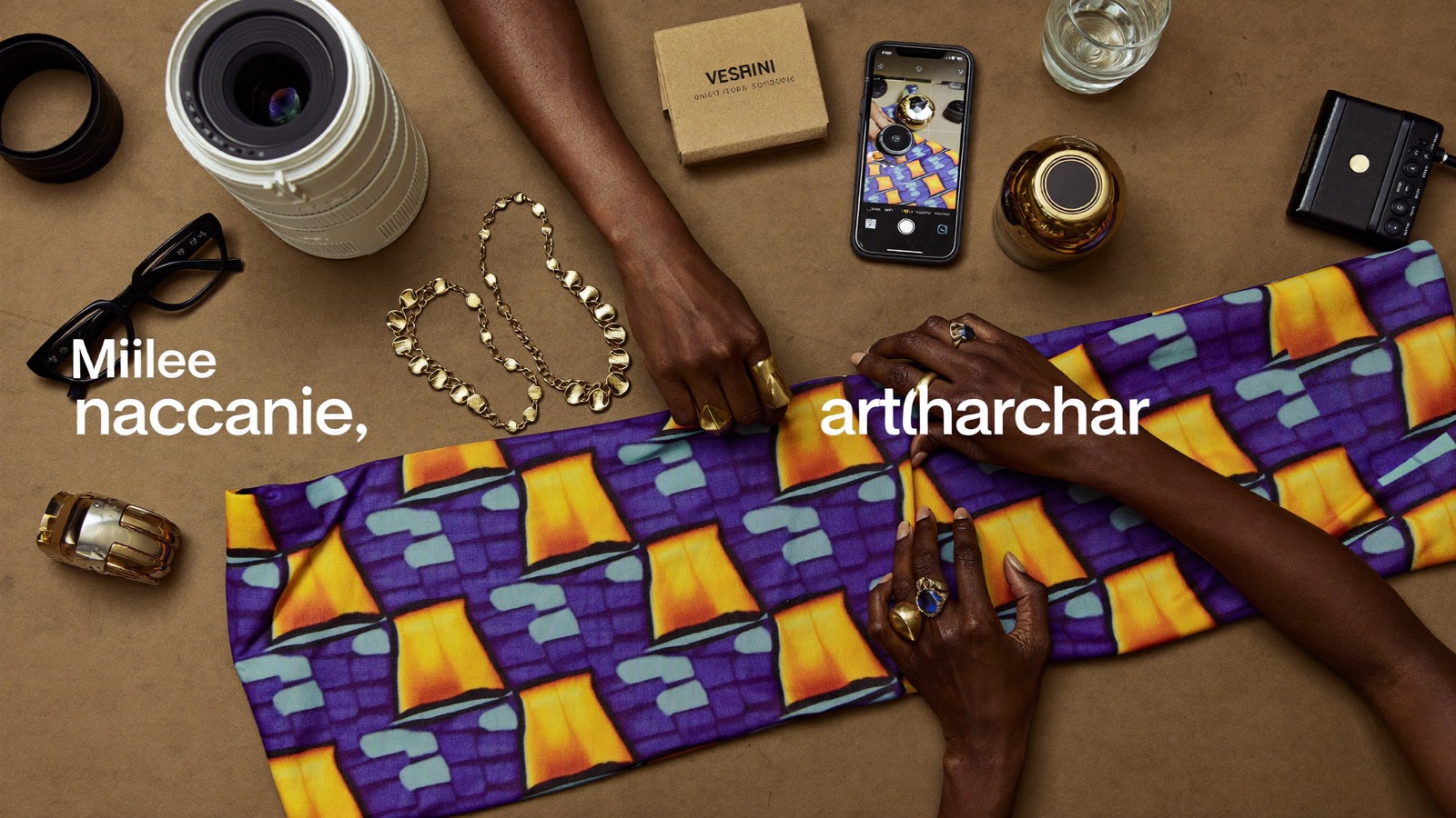 Création de contenus · flatlay avec tissu wax africain