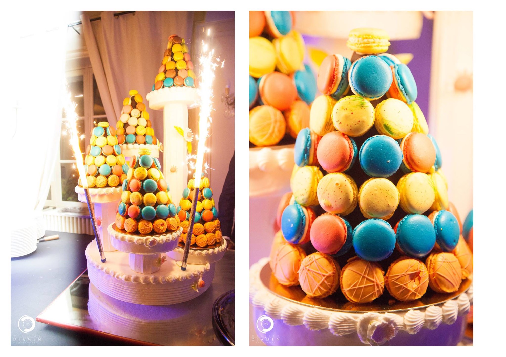 Pièce montée de macarons et feux de Bengale