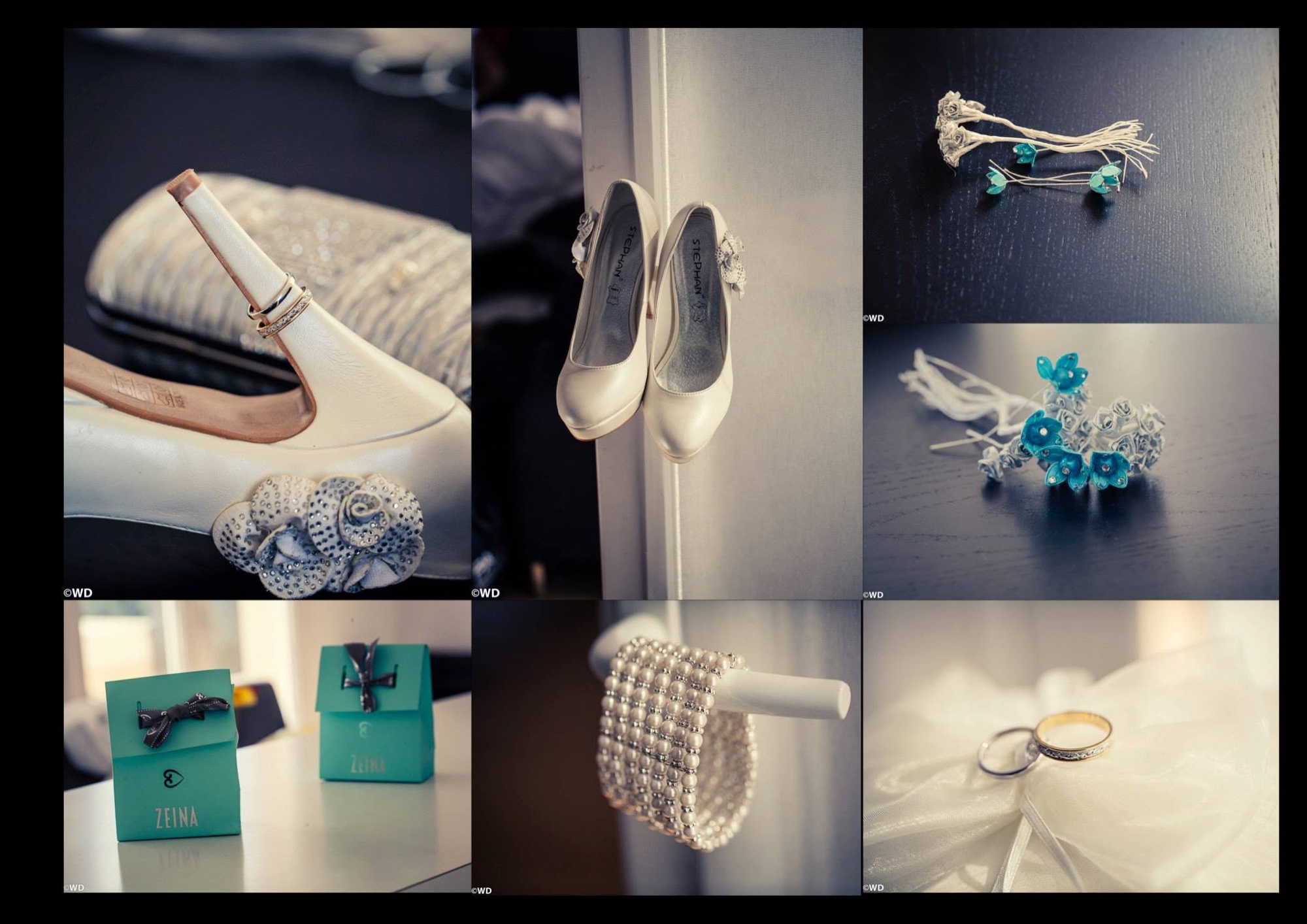 Détails de mariage — chaussures, alliances et dragées